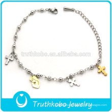 Shiny Polishing Two Tone Unique Virgin Mary and Jesus Cross Pendant Stainless Steel Jewelry Religious Charm Ball Ankle Bracelet